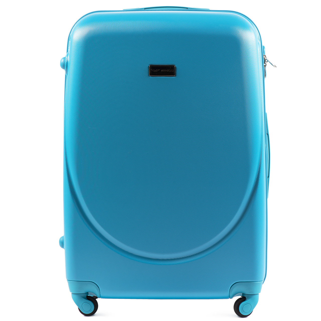 

Большой пластиковый чемодан с фурнитурой в цвет голубой