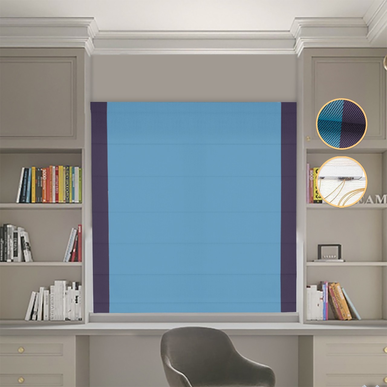 

Римские шторы DECOLIV Блэкаут Перфект голубой с сиреневыми кантами по бокам 100*170 см