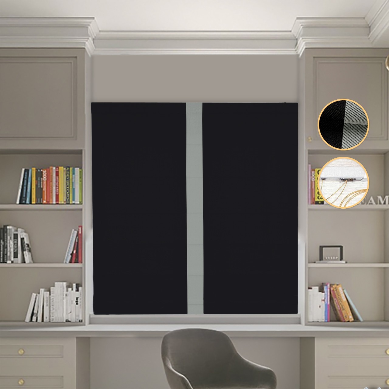 

Римские шторы DECOLIV Блэкаут Перфект черный с оливковым кантом по центру 150*170 см