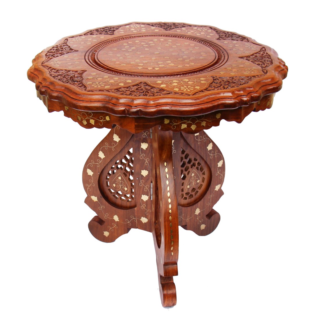 Чайный круглый столик из дерева с инкрустацией