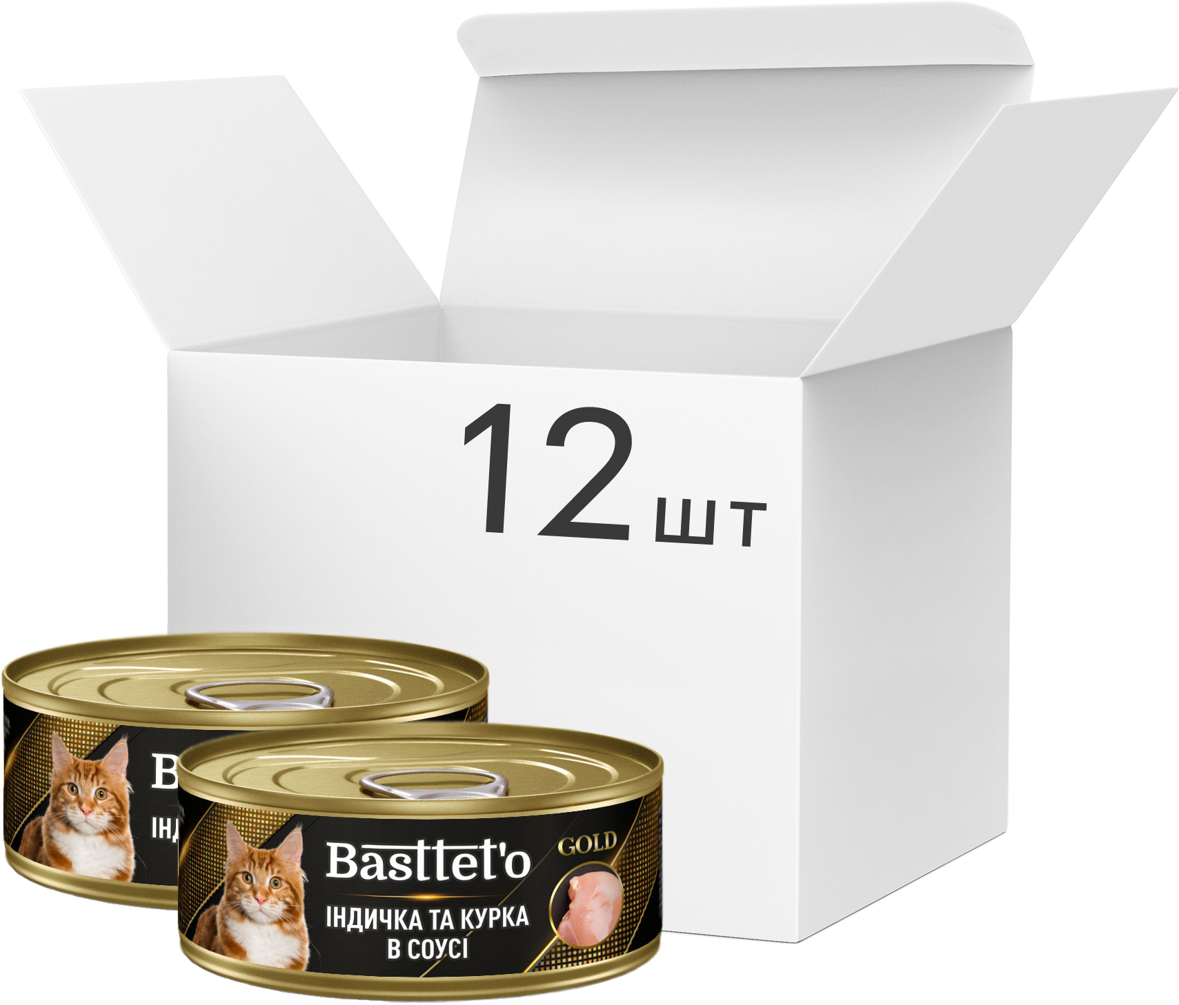 

Упаковка влажного корма для котов Basttet`o Gold с индейкой и курицей в соусе 12 шт по 85 г (4820185492607)