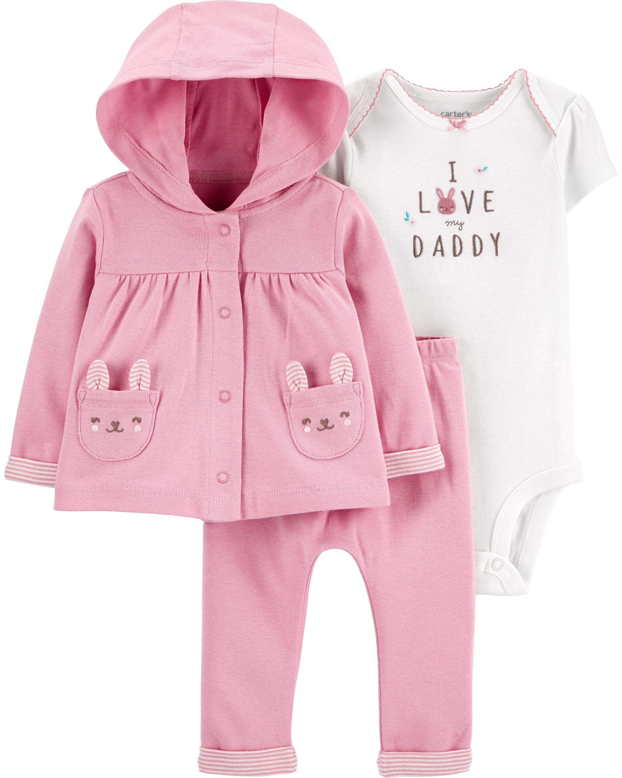 

Комплект (кофта + боди-футболка + штанишки) Carters 1I712710 9M 69-72 см Розовый с белым (194133365416)