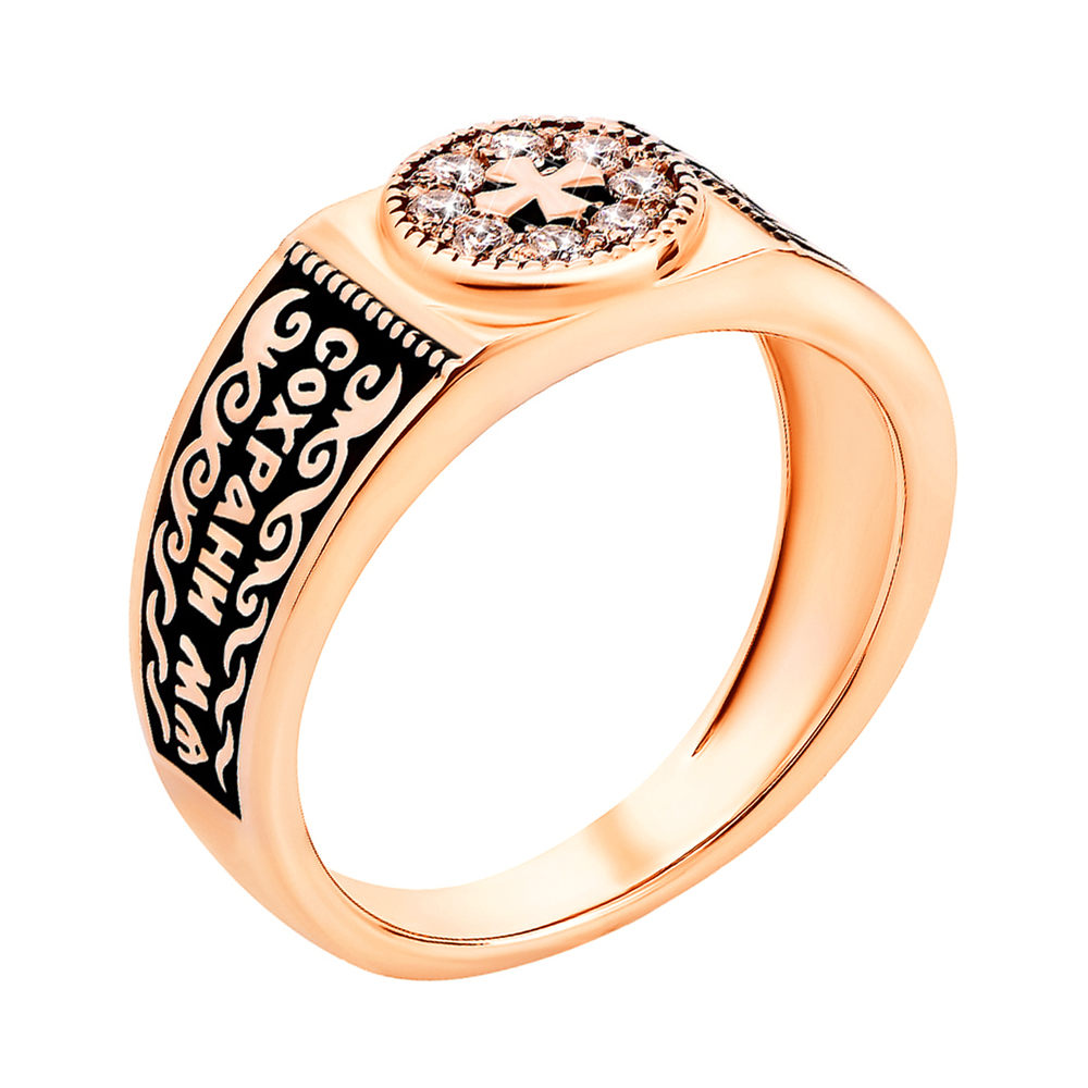 

Перстень-печатка из красного золота Спаси и Сохрани с фианитами и чернением 000122433 19.5 размера