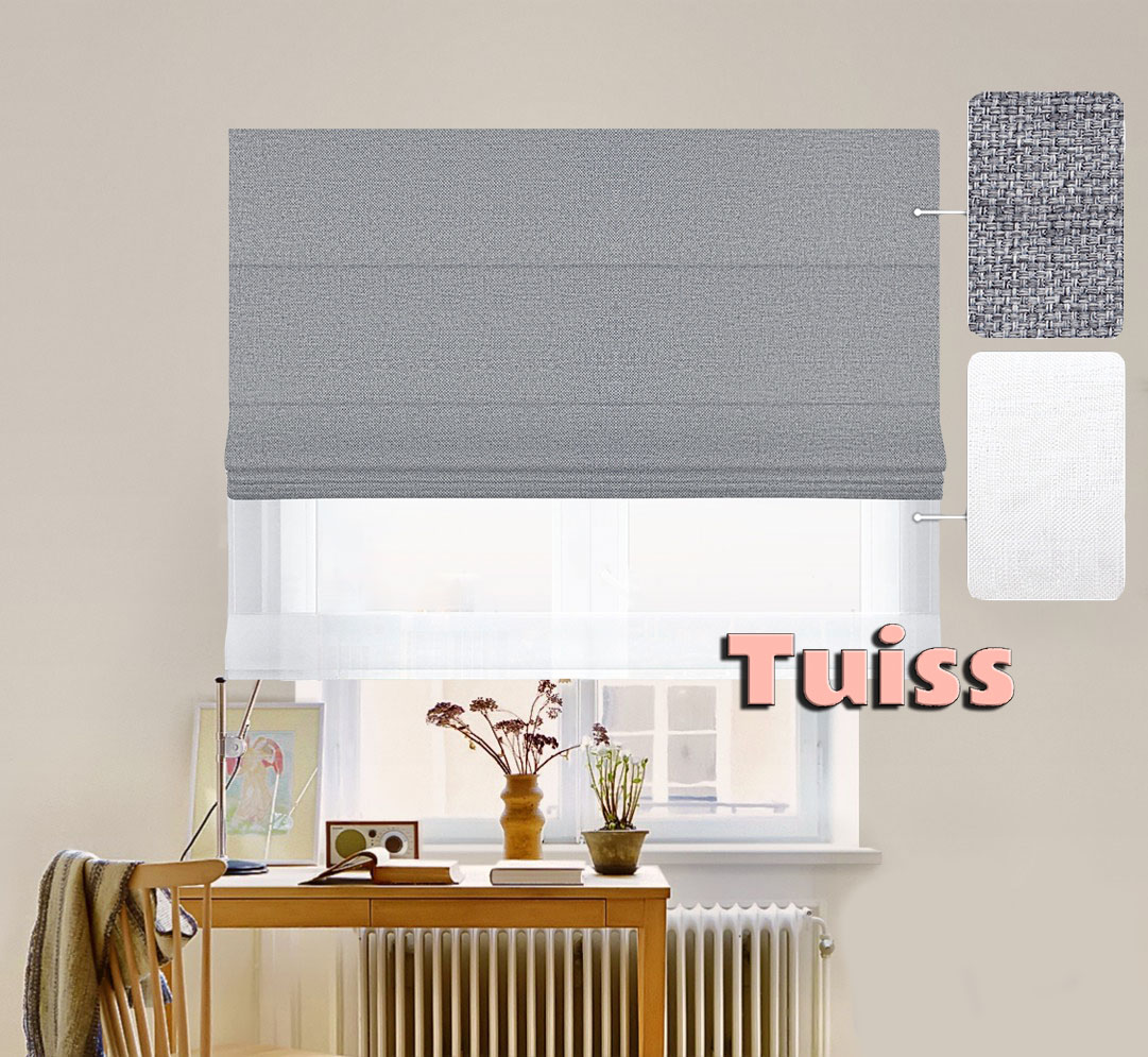 

Двойная римская штора День-Ночь ТВИН Classic InHt Рогожка Dimout 18 Стальной + Тюль Лён/Тюль Air Белоснежный 150х170 см