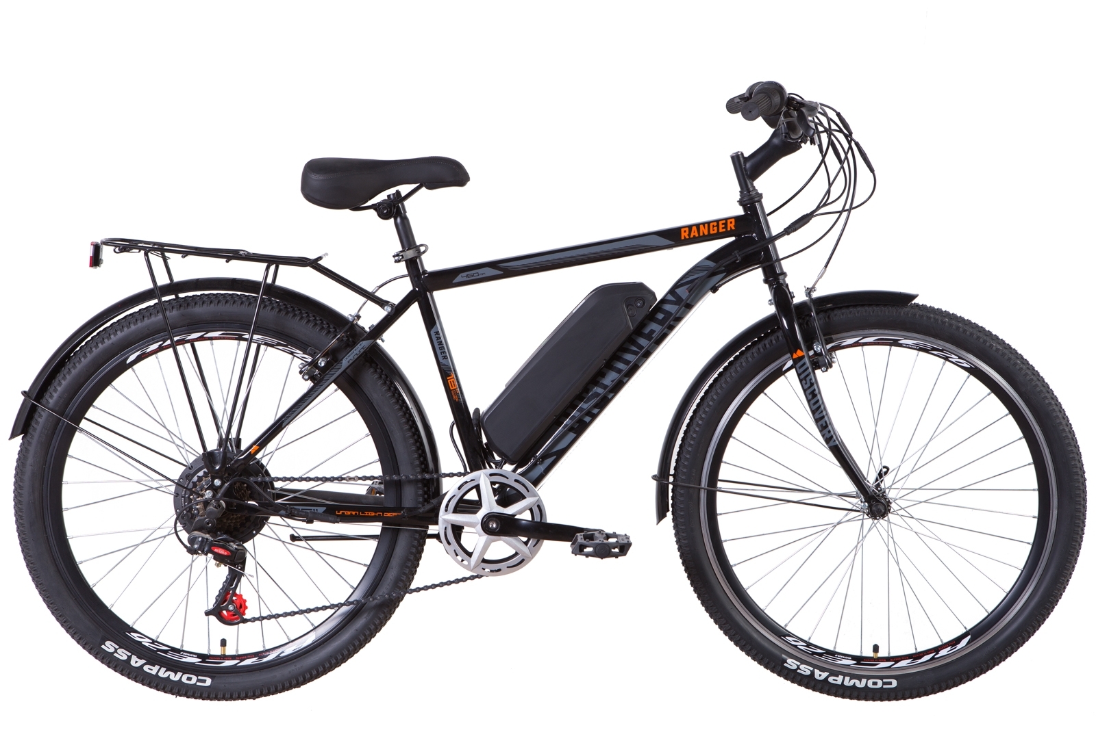 

Электровелосипед Discovery RANGER 18" 350Вт 36В редуктор., 8.8Ач дисплей, САП, с крепл. на раму, черно-оранжевый 2021
