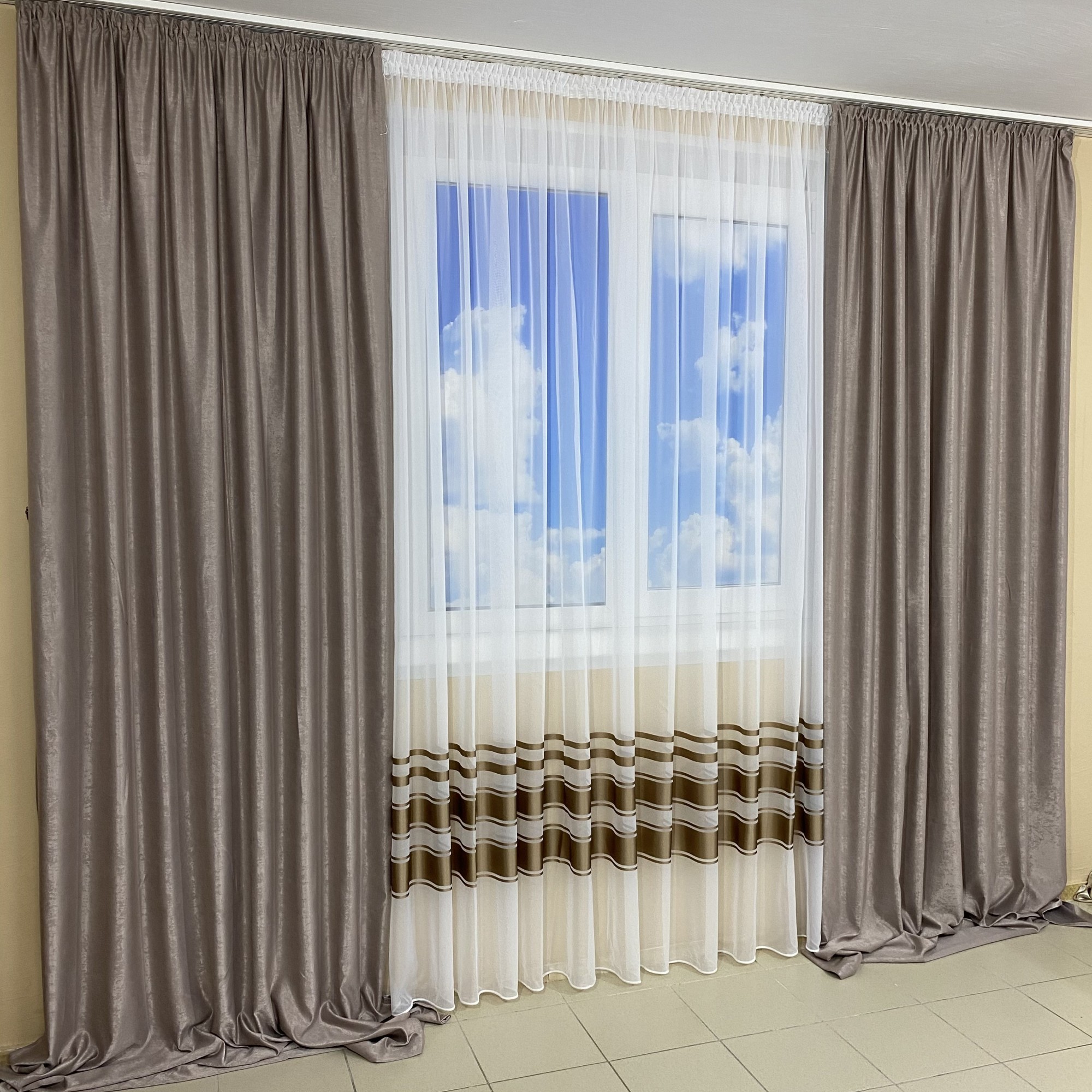 

Готовые шторы с тюлем TG Home №435 Софт и шифон Капучино