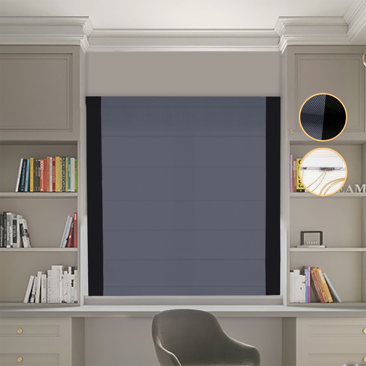 

Римские шторы DECOLIV Блэкаут Перфект графитовый с черными кантами по бокам 140*170 см