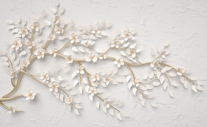 

Фотообои Walldeco Ветка с белыми цветами и листьями №dec-932 Деко