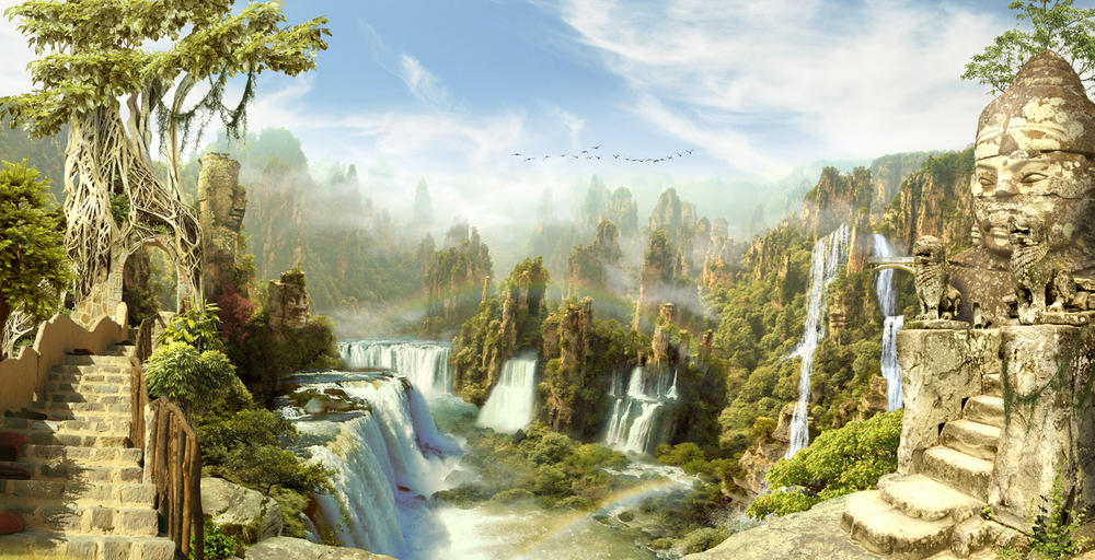 

Фотообои Walldeco Водопады в дымке №bur-226 Мелкий песок с блестками