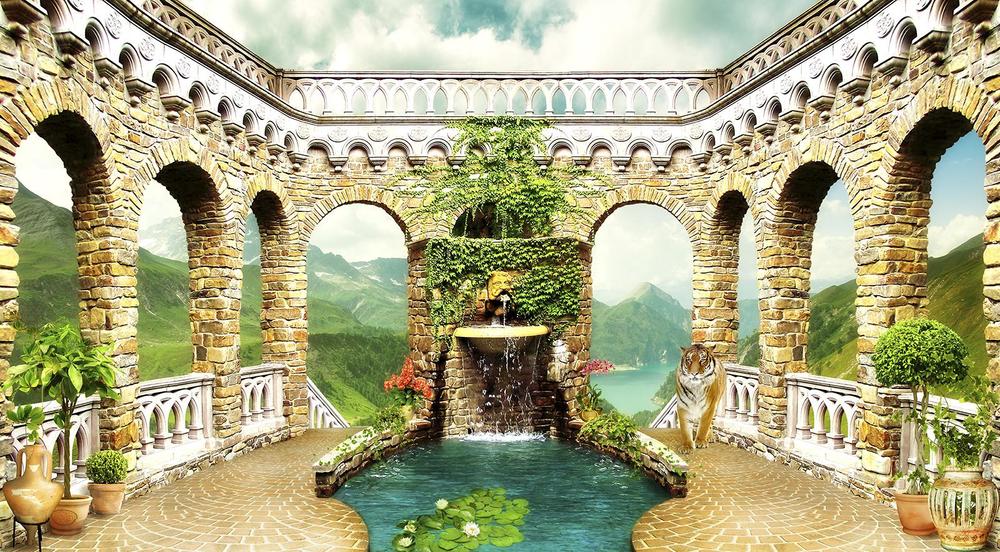 

Фотообои Walldeco Тигр на террасе с фонтаном №34707 Деко