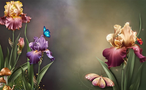 

Фотообои Walldeco Композиция из ирисов и бабочек №dec-199 Гладь