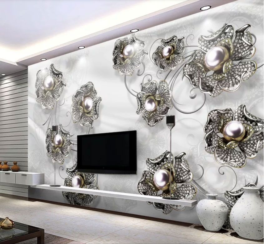 

Фотообои Walldeco Узор из серебреных цветов с жемчужинами №dec-2100 Бриз