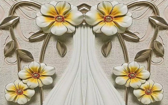 

Фотообои Walldeco 3d желто-белые цветы с серебряными листьями №dec_3054 Гладь