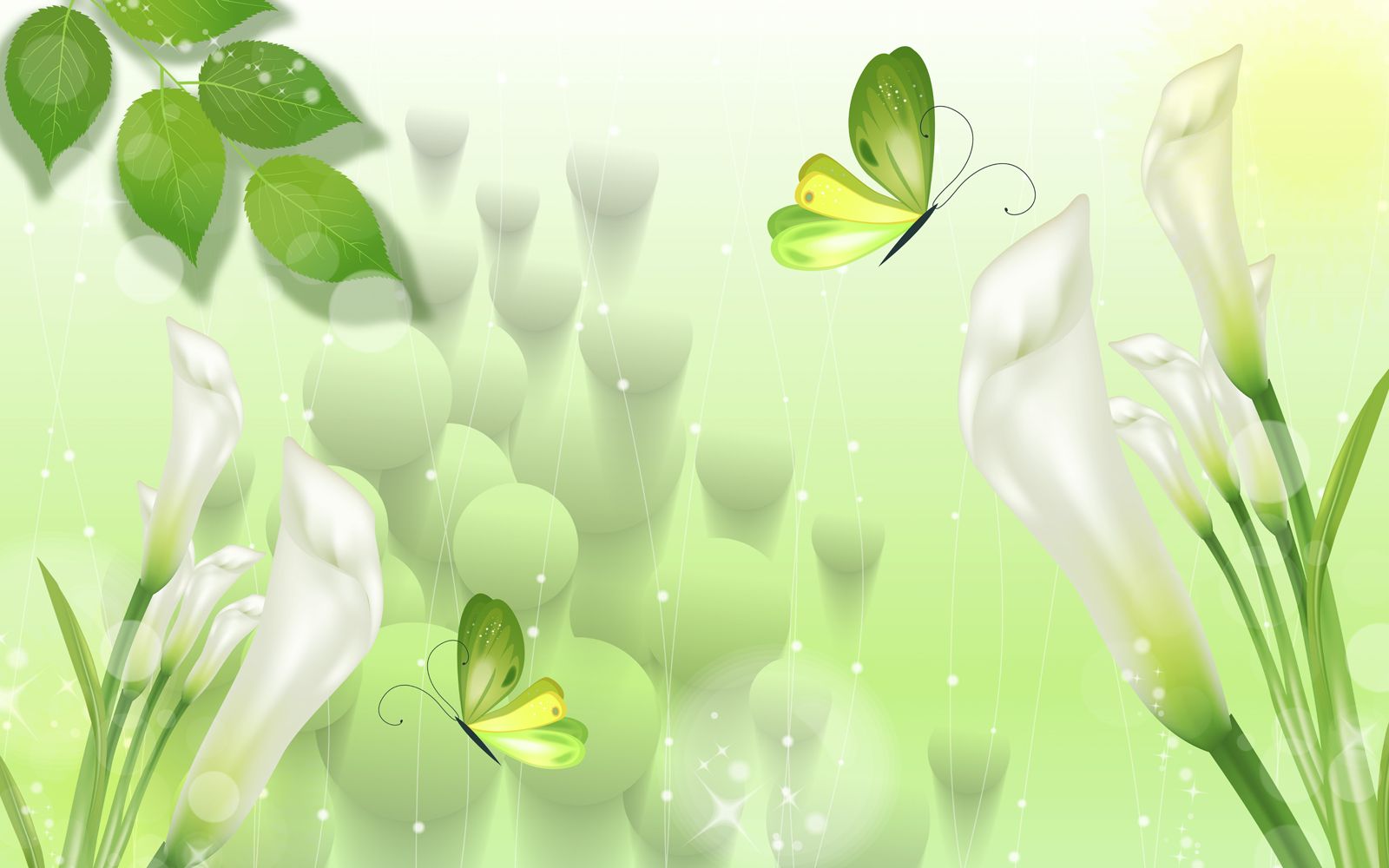 

Фотообои Walldeco Желто-зеленые бабочки над белыми цветами №39149 Фреска