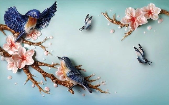 

Фотообои Walldeco Барельеф: синие маленькие птицы №dec_3023 Волокно