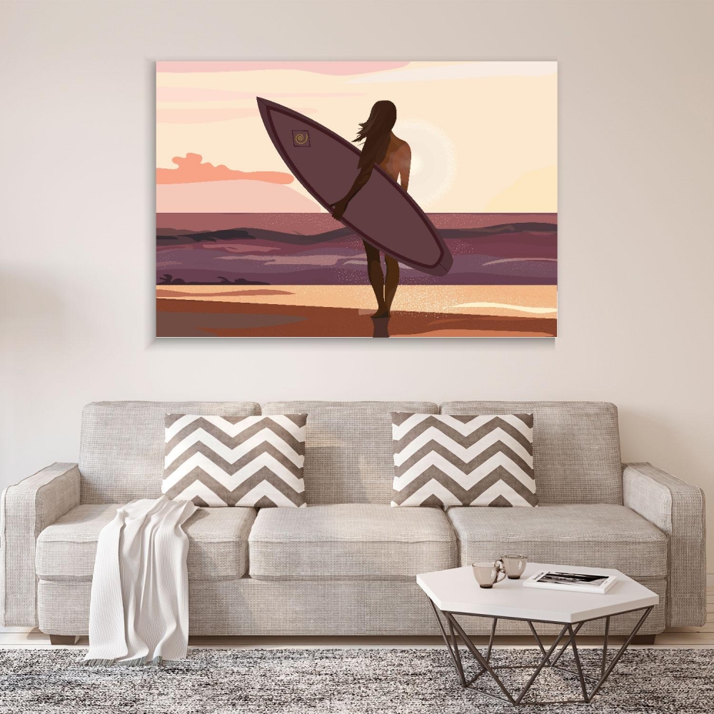 

Картина на холсте Природа Girl With A Surfboard At Sunset 90х180 см.