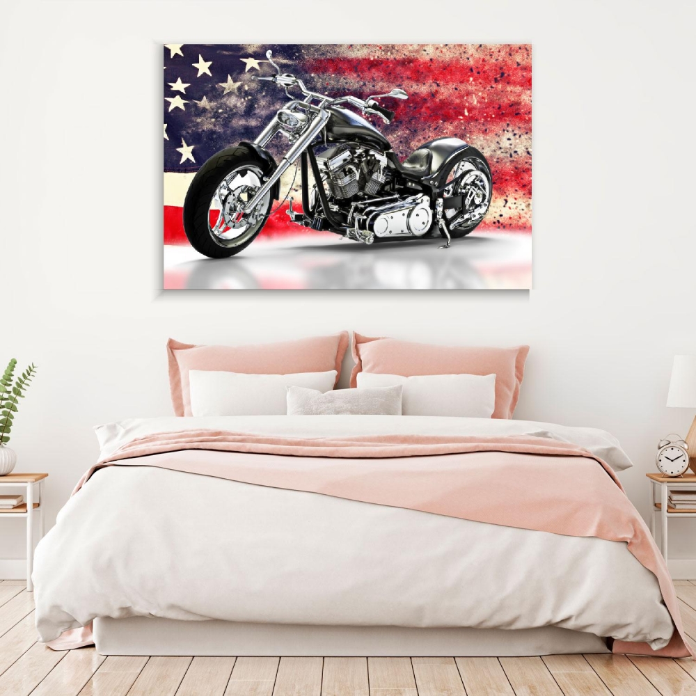 

Картина на холсте Автомобили Black Motorcycle With American Flag 70х140 см.