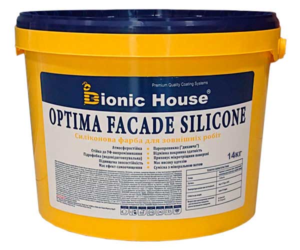 

Optima Facade Silicone - Износоустойчивая гидрофобная силикон-акриловая краска для минеральных фасадов Bionic-House 14кг Белая любой RAL оттенок под заказ