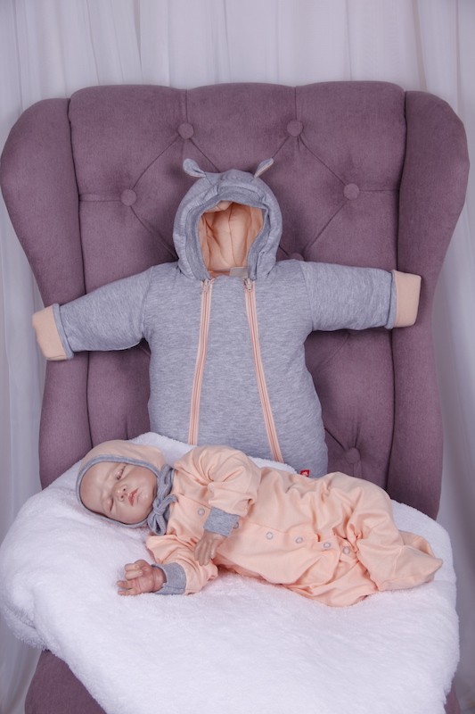 

Комбинезон утепленный + человечек с шапочкой 56-62 см серый с персиковым