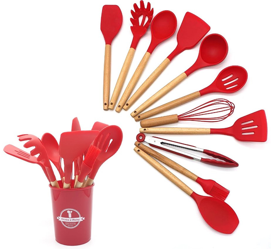 

Кухонный набор Silikone Kitchen Set красный из силикона с бамбуковой ручкой из 12 предметов
