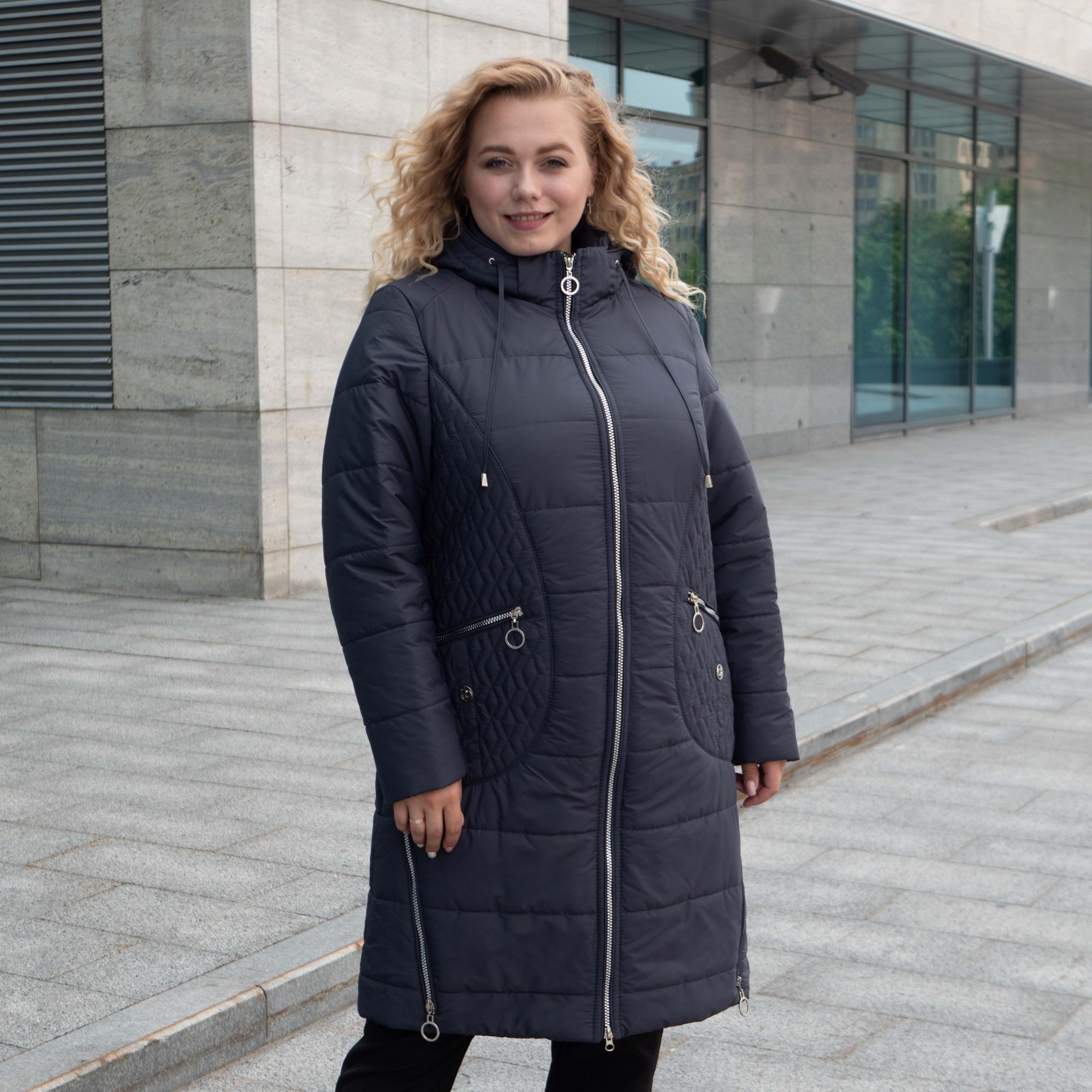 

Удлиненная женская демисезонная куртка большого размера UF-Fashion 2113 -yd 52 темно-синий