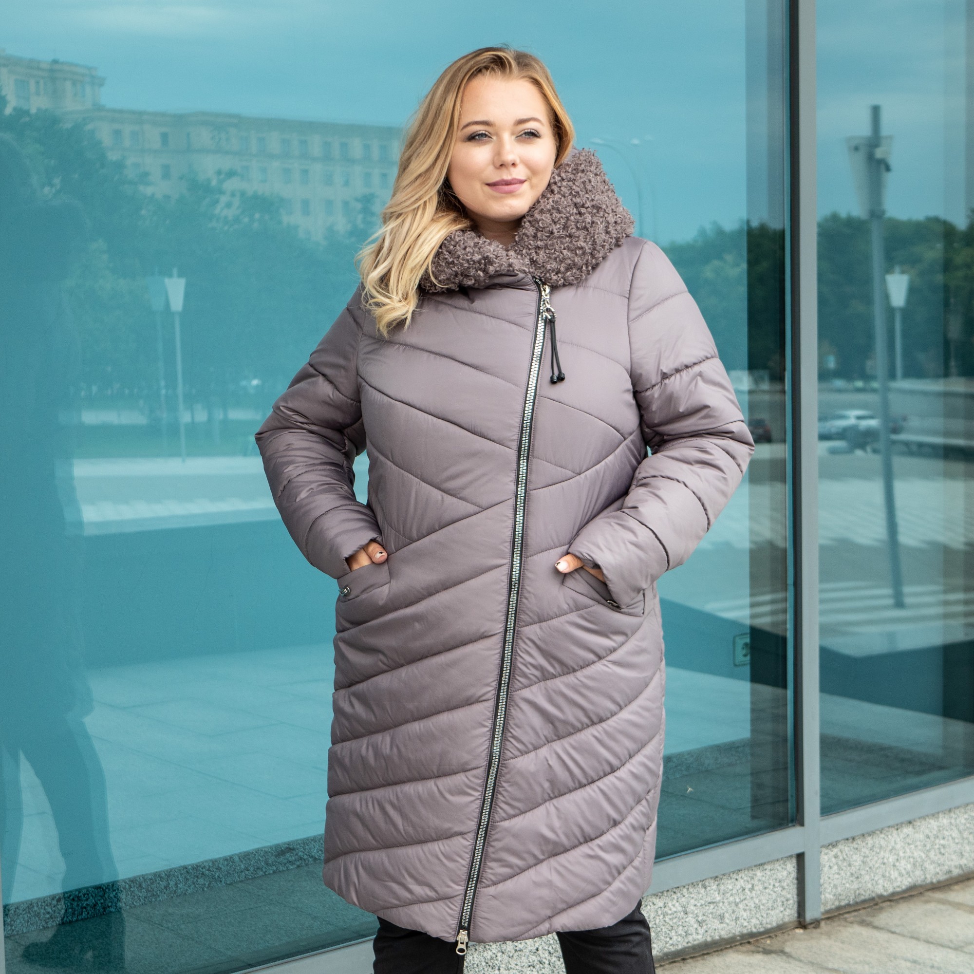 

Зимняя женская куртка большого размера UF-Fashion Сиена барашек -ad 60 серый