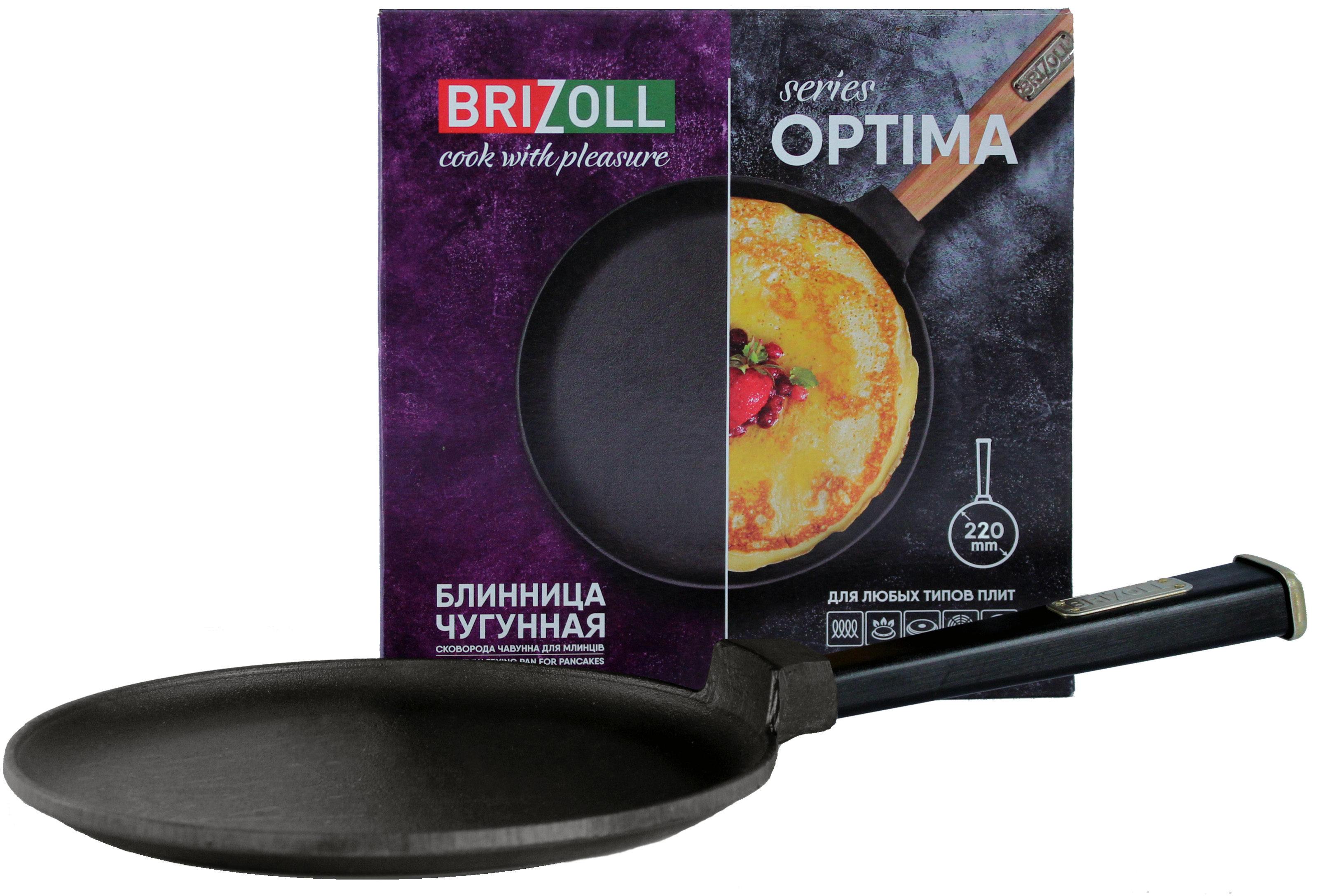 

Сковорода для блинов Brizoll Optima-Black чугунная с ручкой 220х15 мм (O2215-P1)