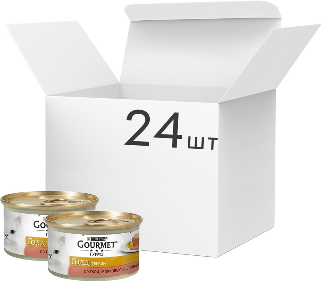 

Упаковка влажного корма Purina Gourmet Gold с уткой, морковью и шпинатом, кусочки в паштете 24 шт по 85 г (7613033728785)