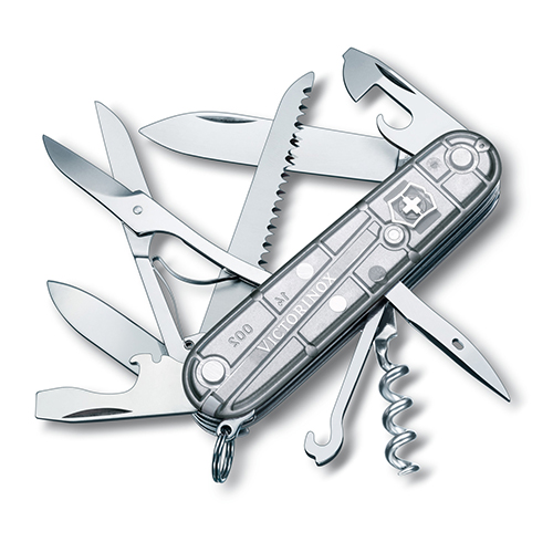 

Складной нож Victorinox HUNTSMAN 91мм/15функ/сереб.прозр /штоп/ножн/пила/крюк Vx13713.T7