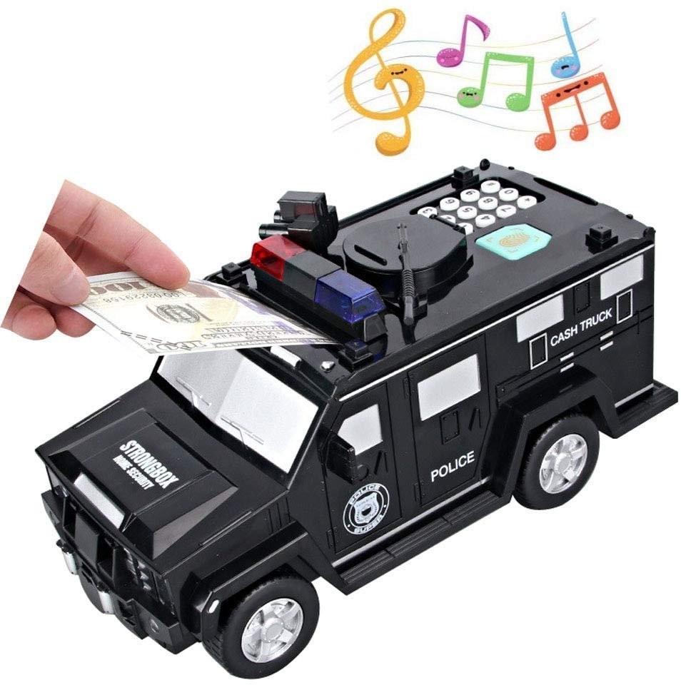 

Электронная детская копилка - сейф Полицейская машина Cash Truck с кодовым замком купюроприемником и отпечатком пальца Черная