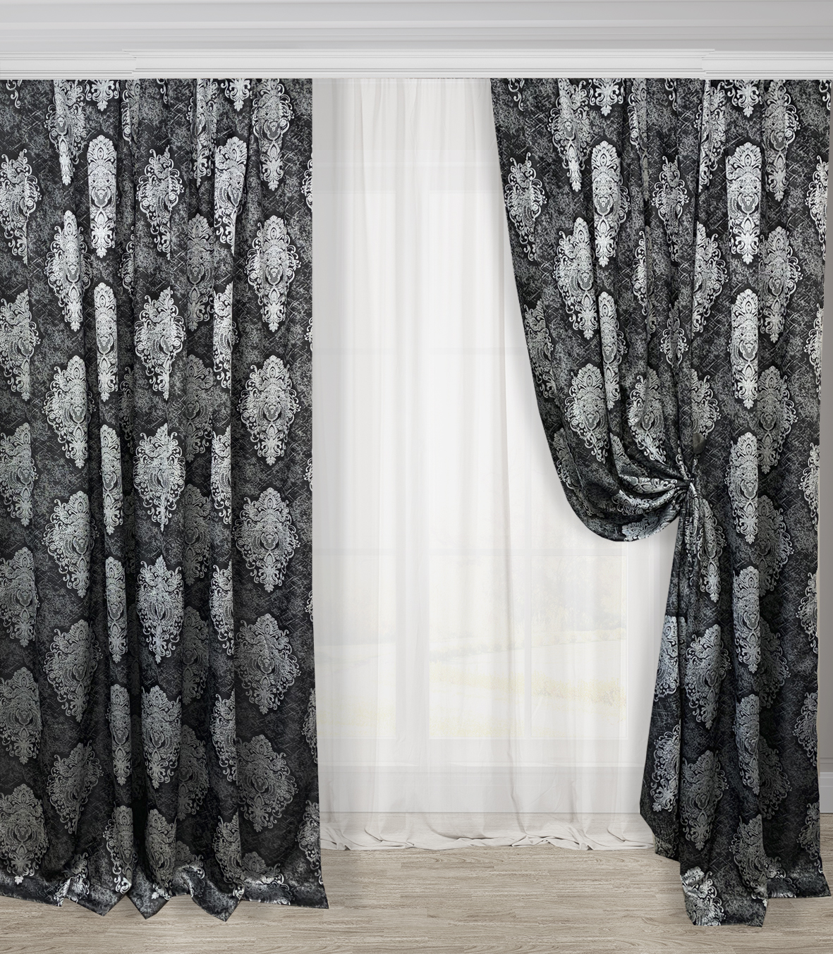 

Шторы Adagio Windows Decor Классик Черно-белые из жаккарда с вышивкой 150х270 см (2 шторы)