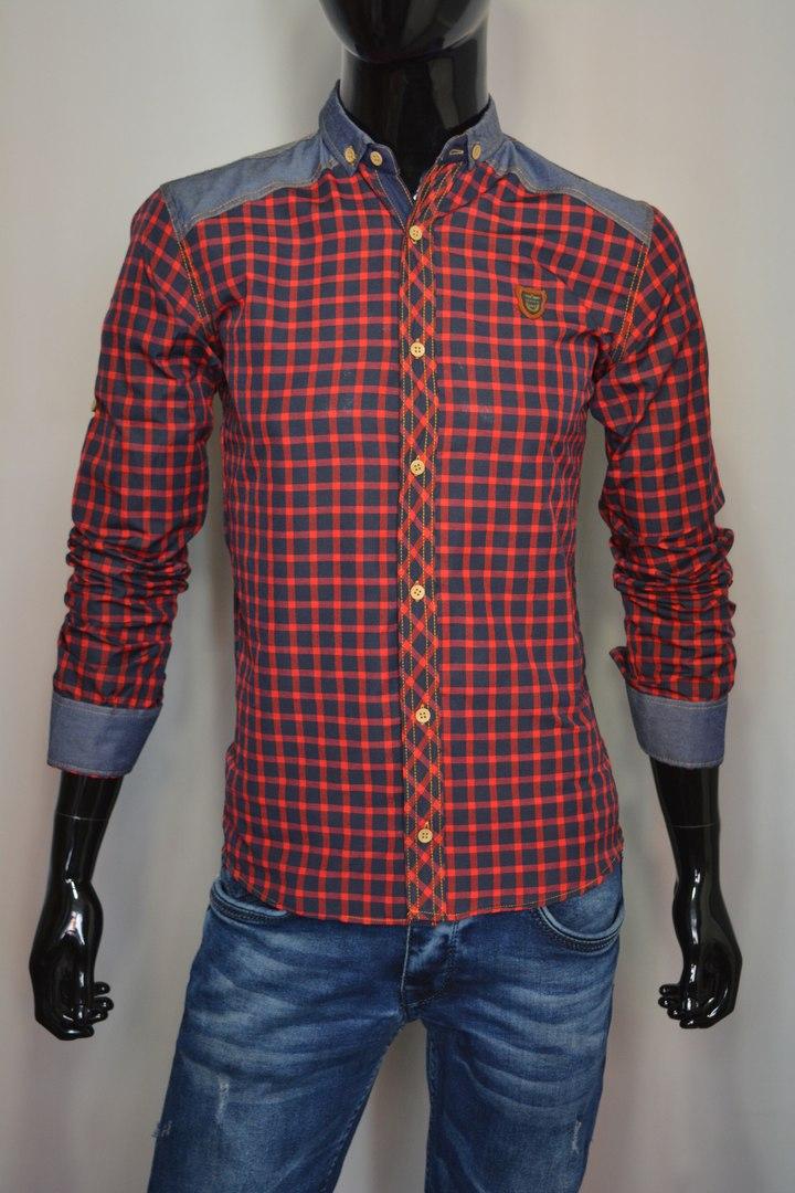 

Мужская рубашка с джинсовыми вставками DressCode Турция XL красная в клетку 2078