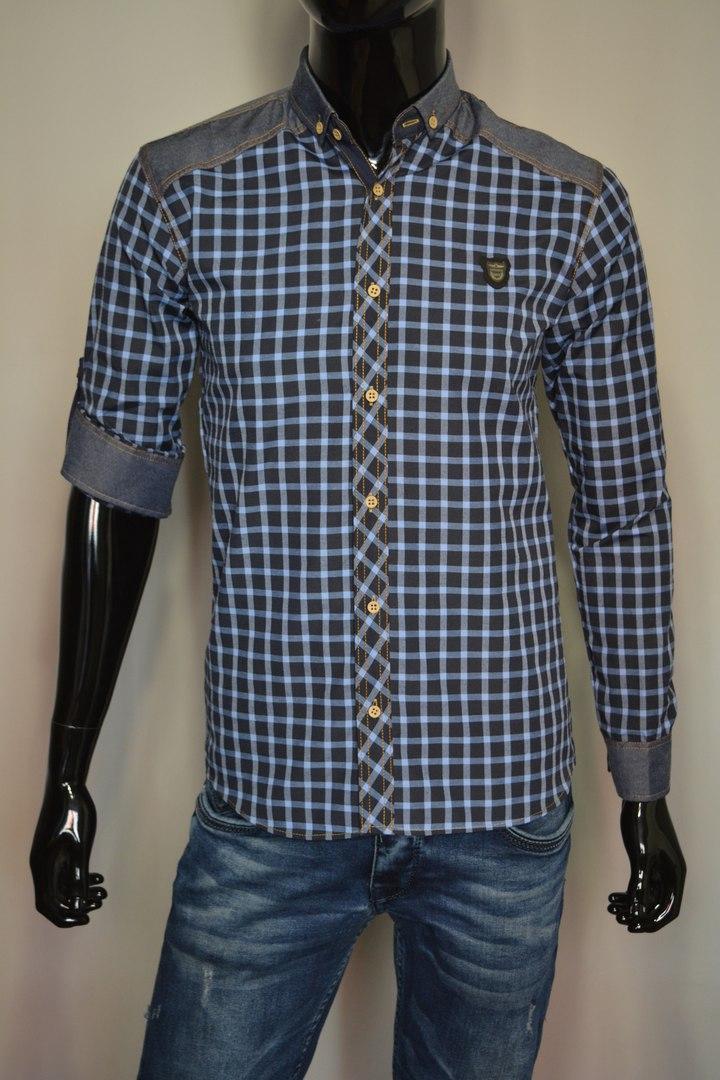 

Мужская рубашка c джинсовыми вставками DressCode Турция XL синяя в белую клетку 2079