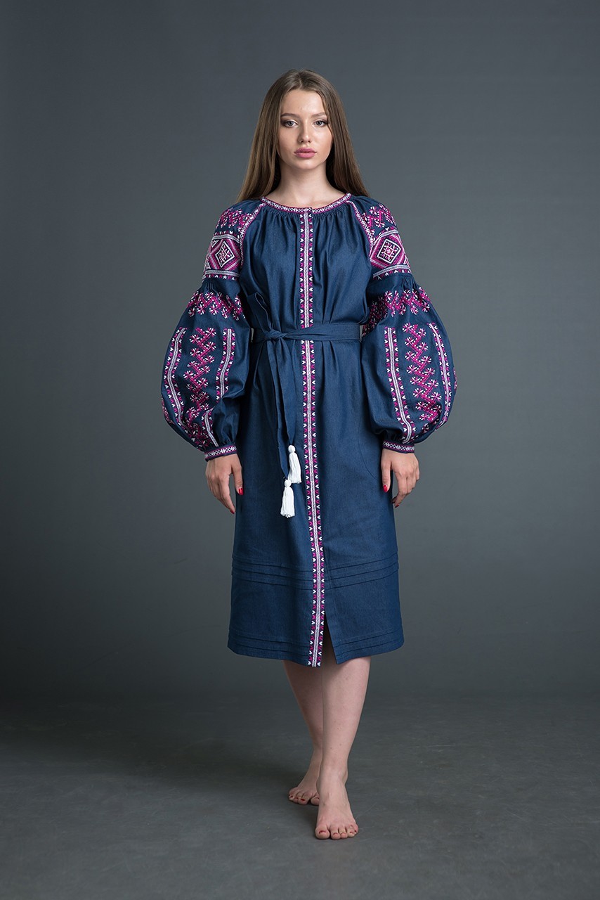 

Вышитое джинсовое платье Folk Fashion "Ламана гілка" XS синее