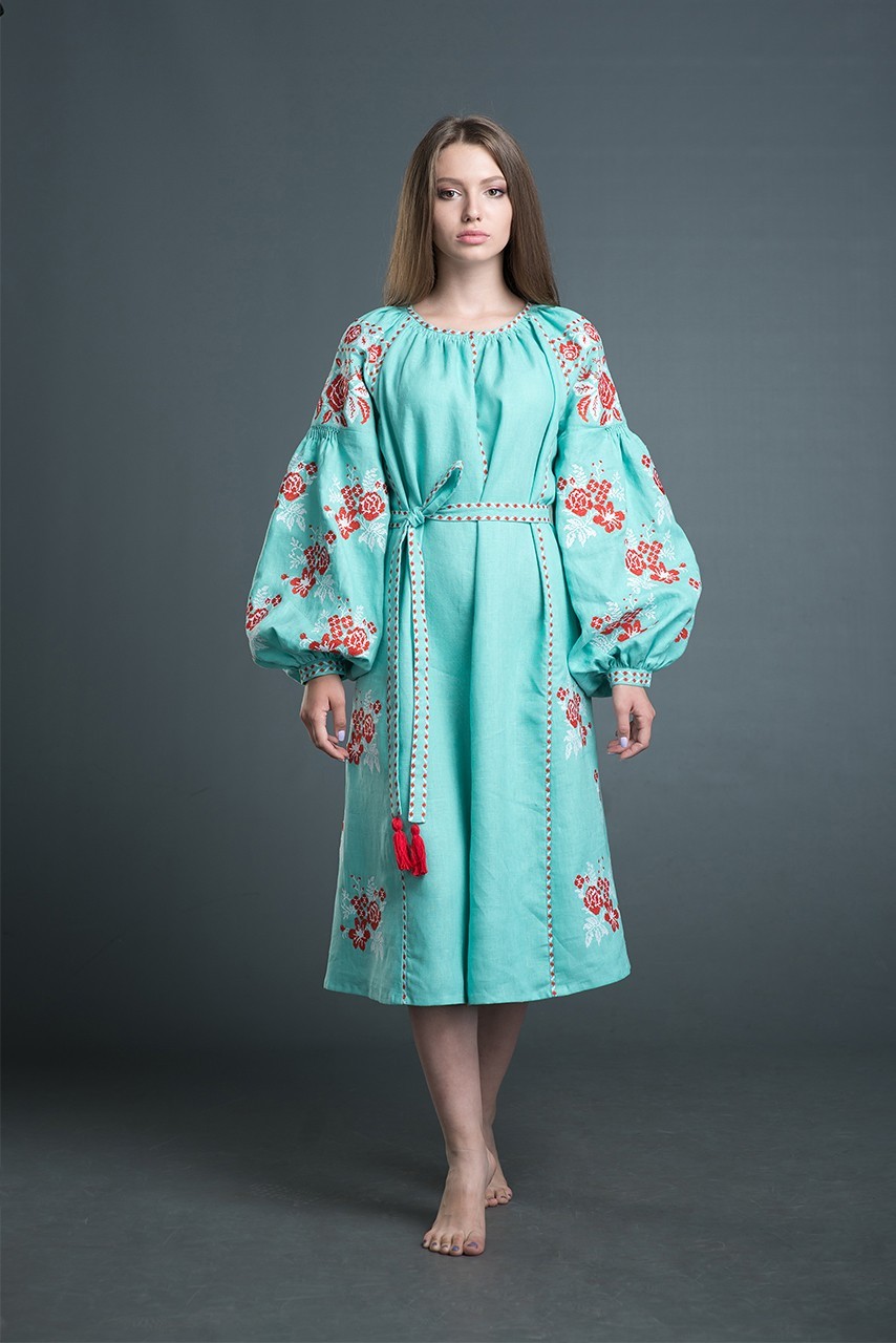 

Вышитое льняное платье Folk Fashion "Квіткова Мрія" XS мятное