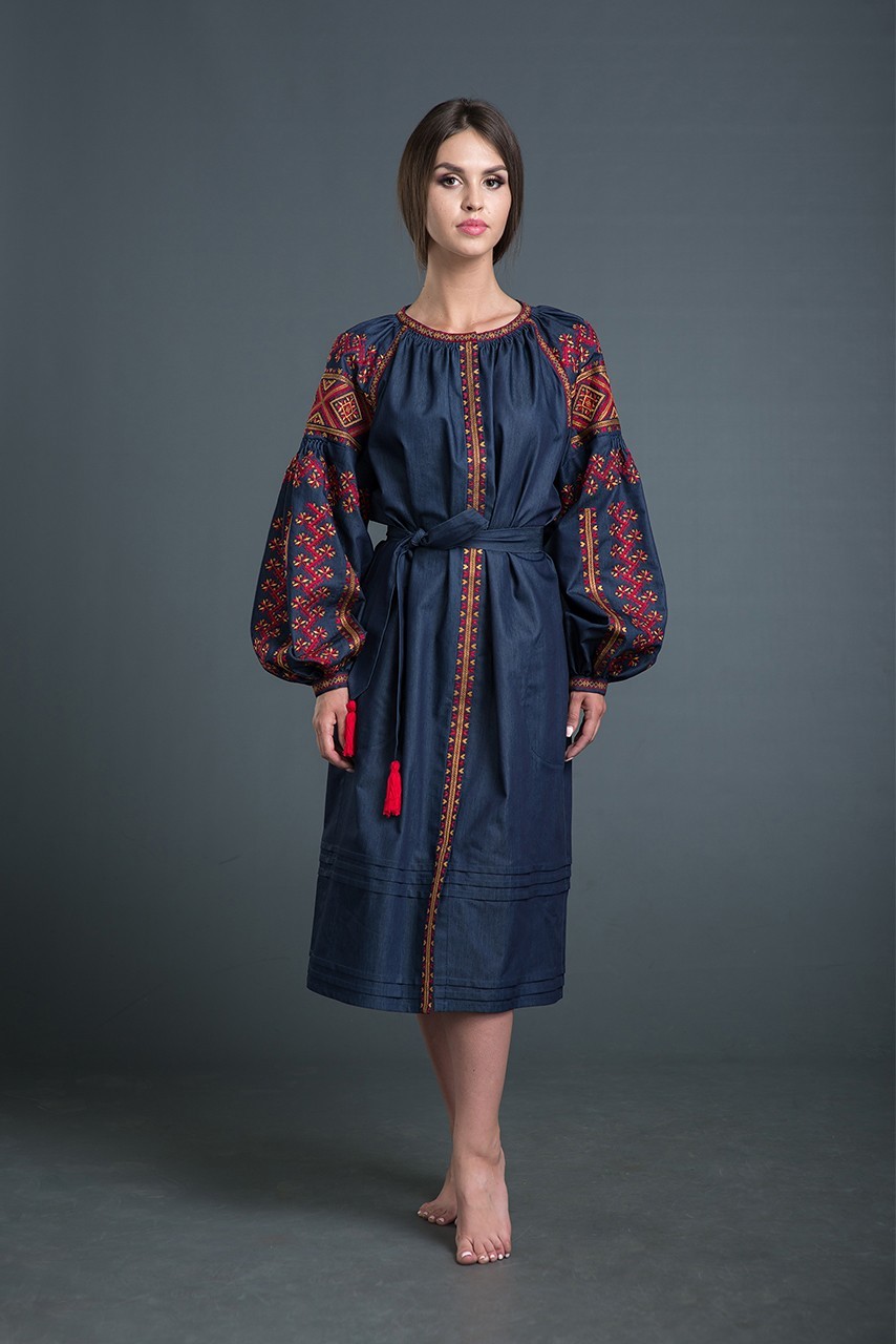 

Вышитое джинсовое платье Folk Fashion "Ламана гілка" M синее