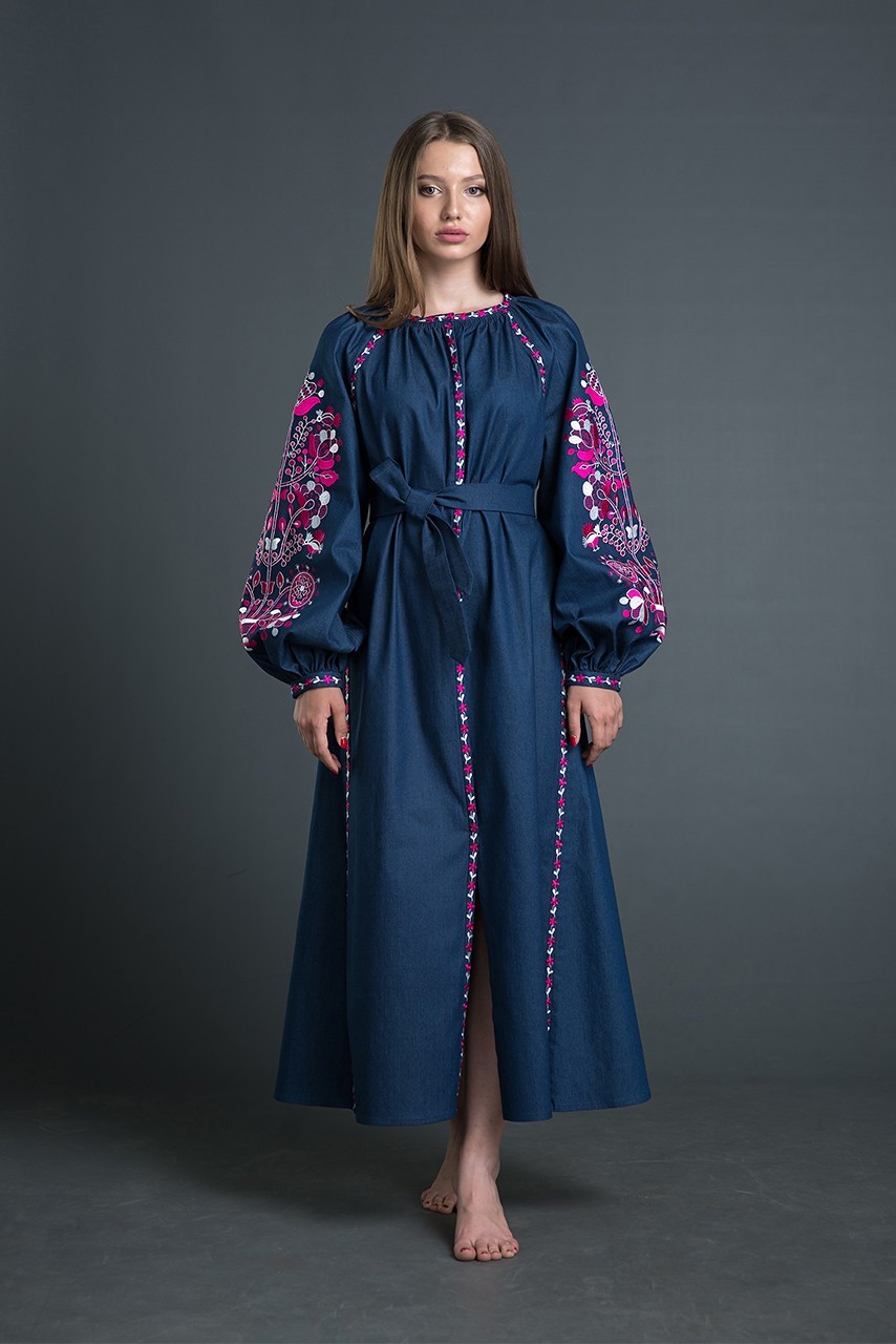 

Вышитое джинсовое платье с клиньями Folk Fashion "Дерево життя" XS синее