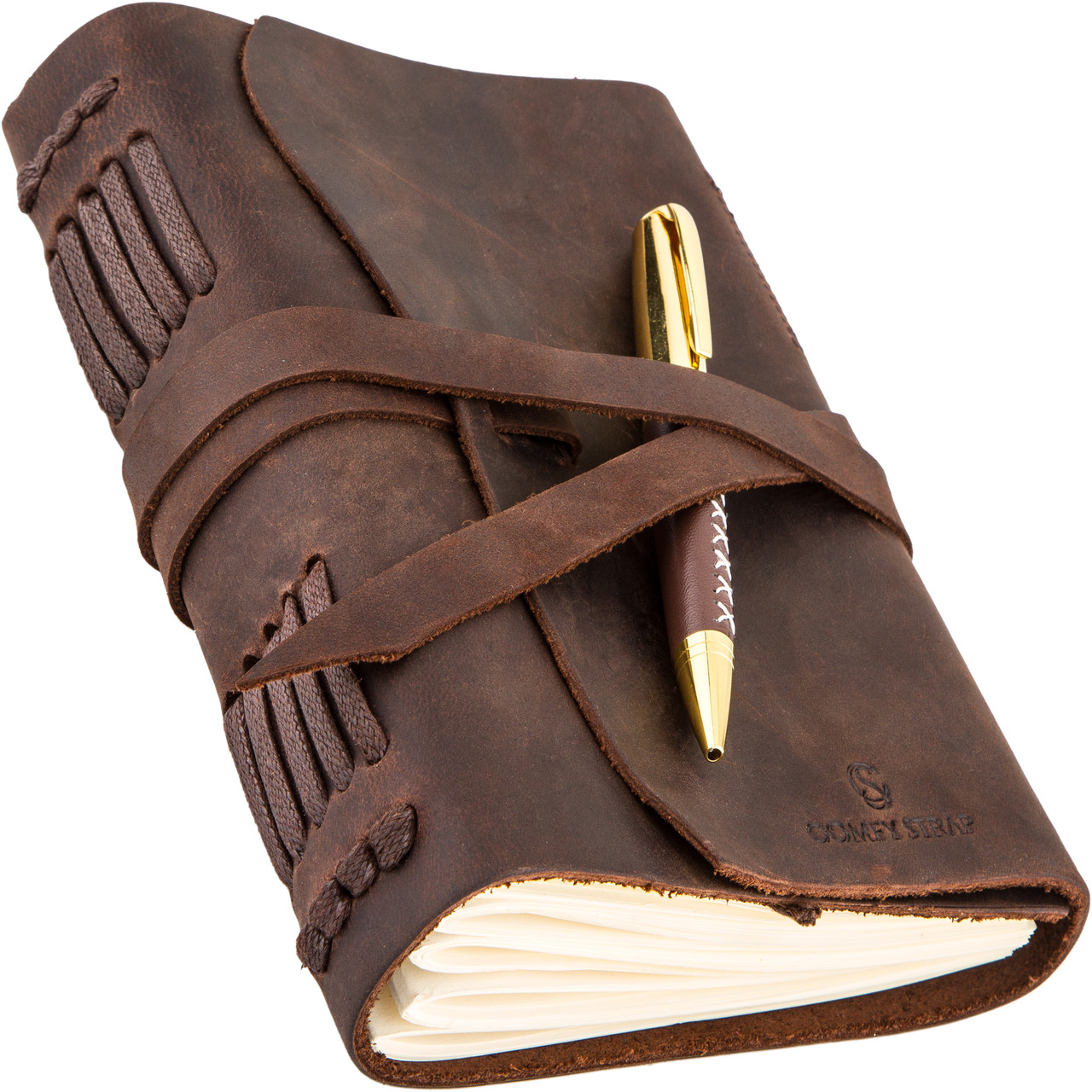 

Блокнот кожаный COMFY STRAP 002 коричневый В6 с ручкой ручная работа в линию 300 листов + Подарочная упаковка