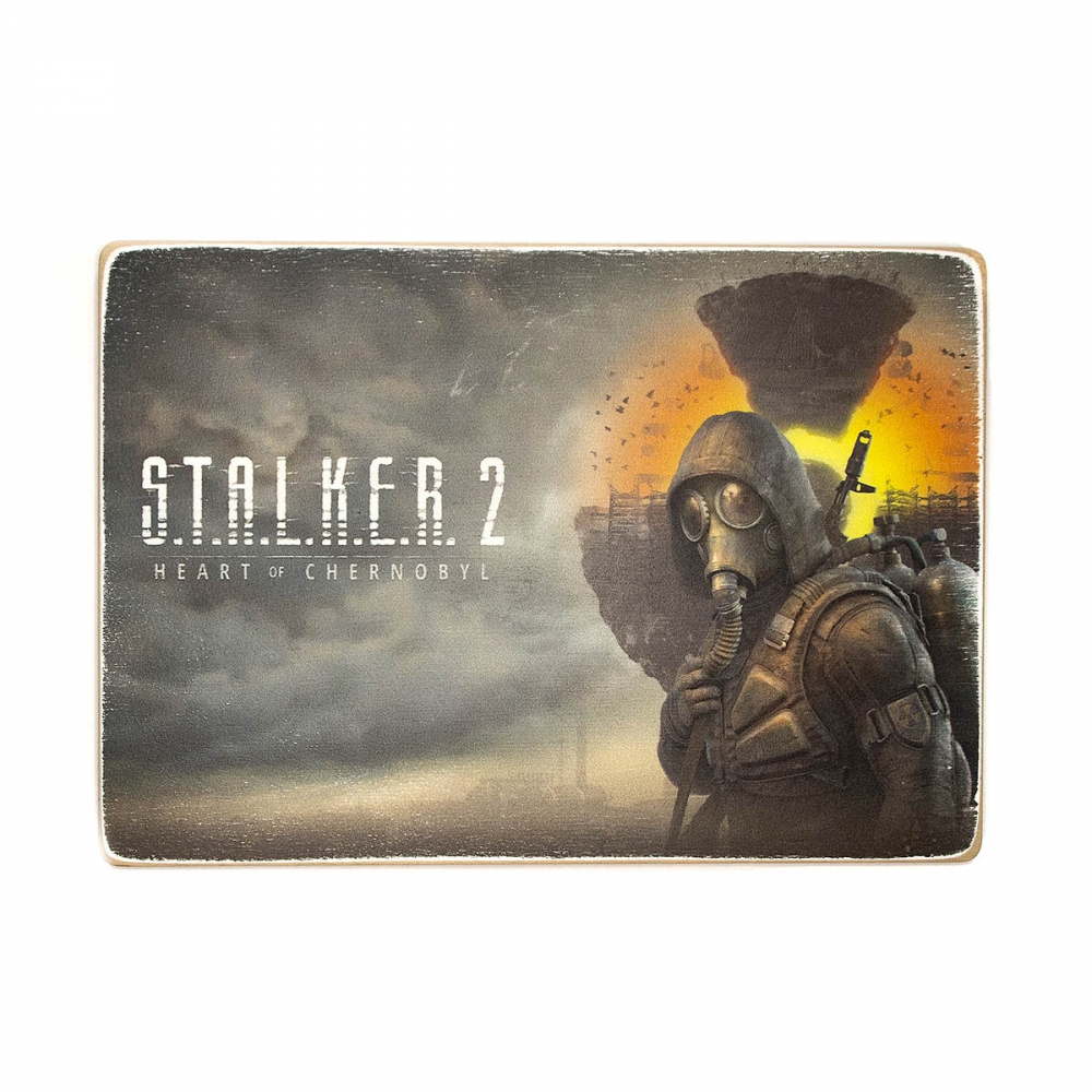 

Деревянный постер Видеоигры S.T.A.L.K.E.R. 2: Сердце Чернобыля. Артовый Сталкер на сером фоне А1