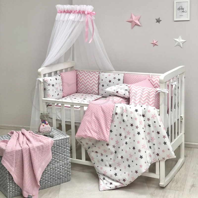 

Комплект в кроватку Маленькая соня Baby Stars поплин стандарт/овал с бортиками 6 предметов детский серо-розовый арт.0220445
