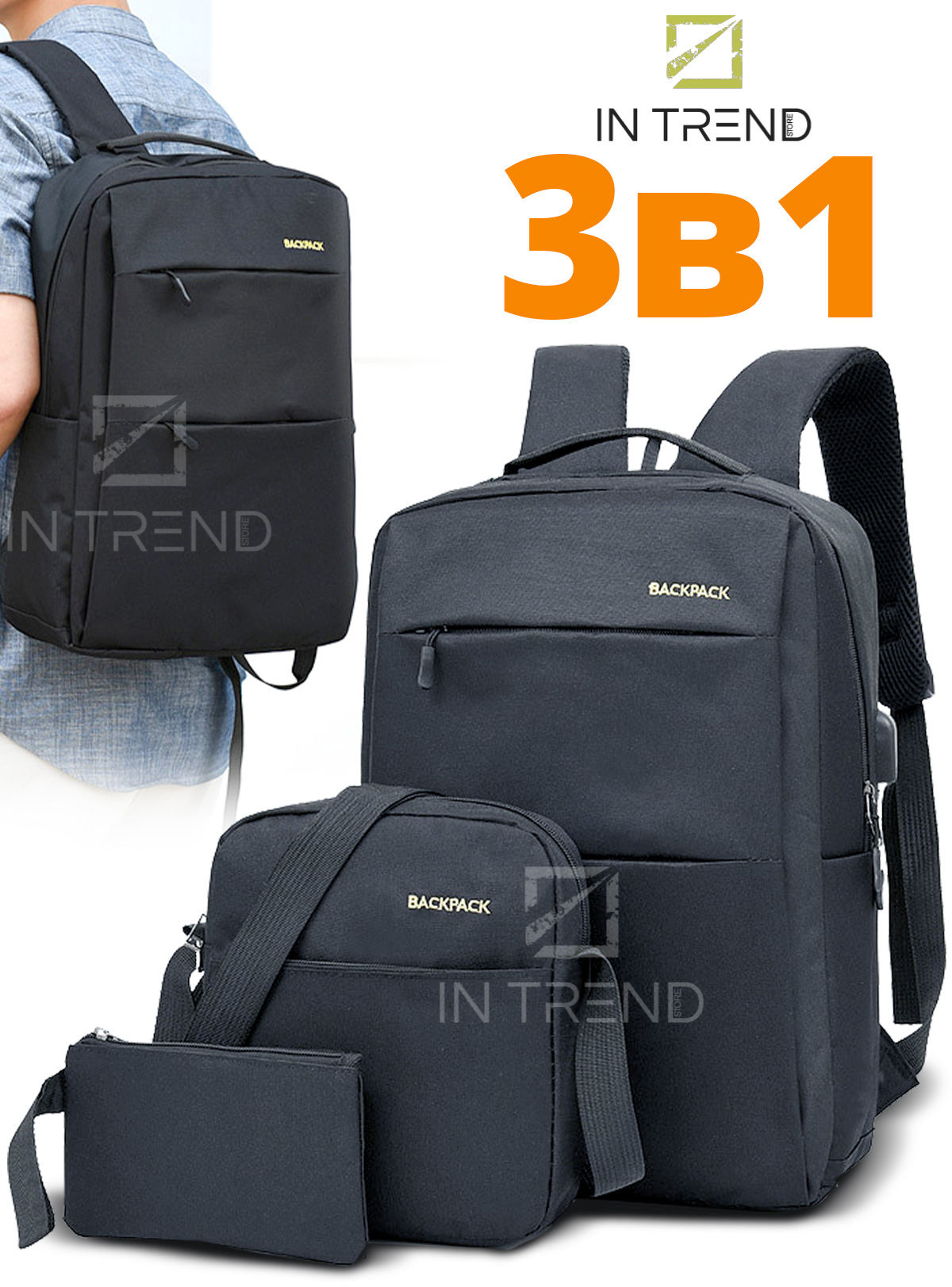 

Рюкзак трансформер 3в1 BackPack Travel Bag Черный набор сумка/кошелек с выходом под наушники Городской повседневный дорожный