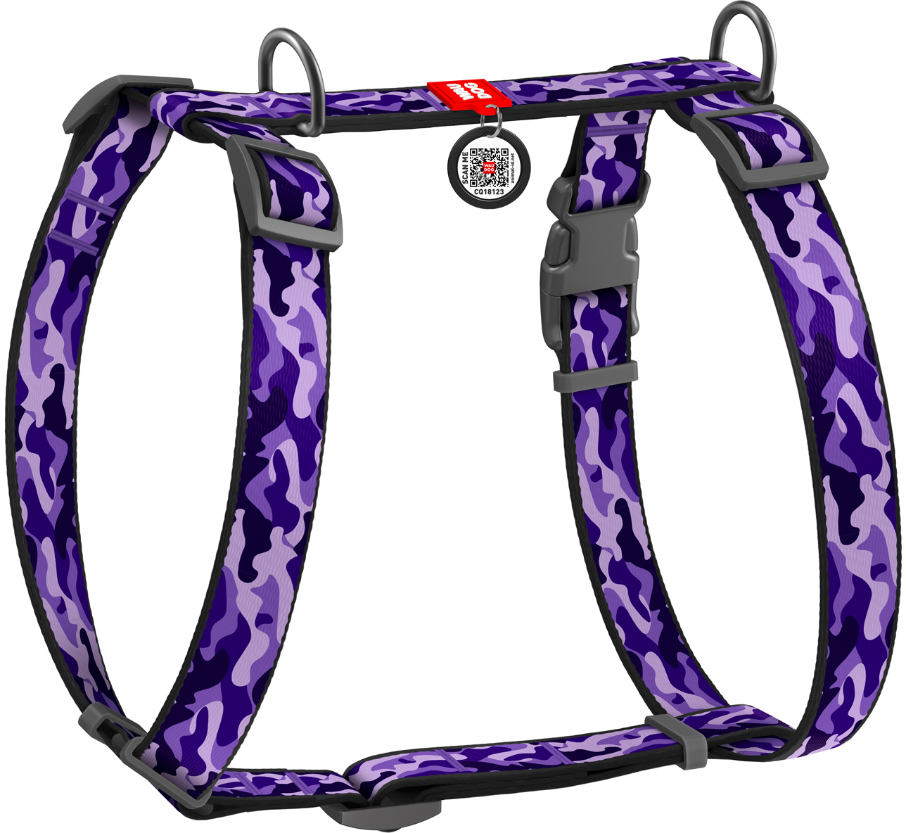 

Шлея для собак Collar анатомическая H-образная WAUDOG Nylon с QR-паспортом, пластиковый фастекс, L, Ш 25 мм, А 50-90, В 60-100 рисунок "Фиолетовый камо" (5534)