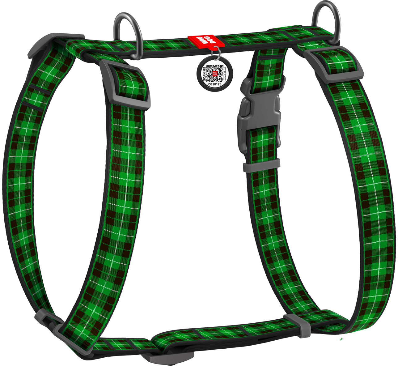 

Шлея для собак Collar анатомическая H-образная WAUDOG Nylon с QR-паспортом, пластиковый фастекс, М, Ш 20 мм, А 40-70, В 50-80 рисунок "Шотландка зеленая" (5522)