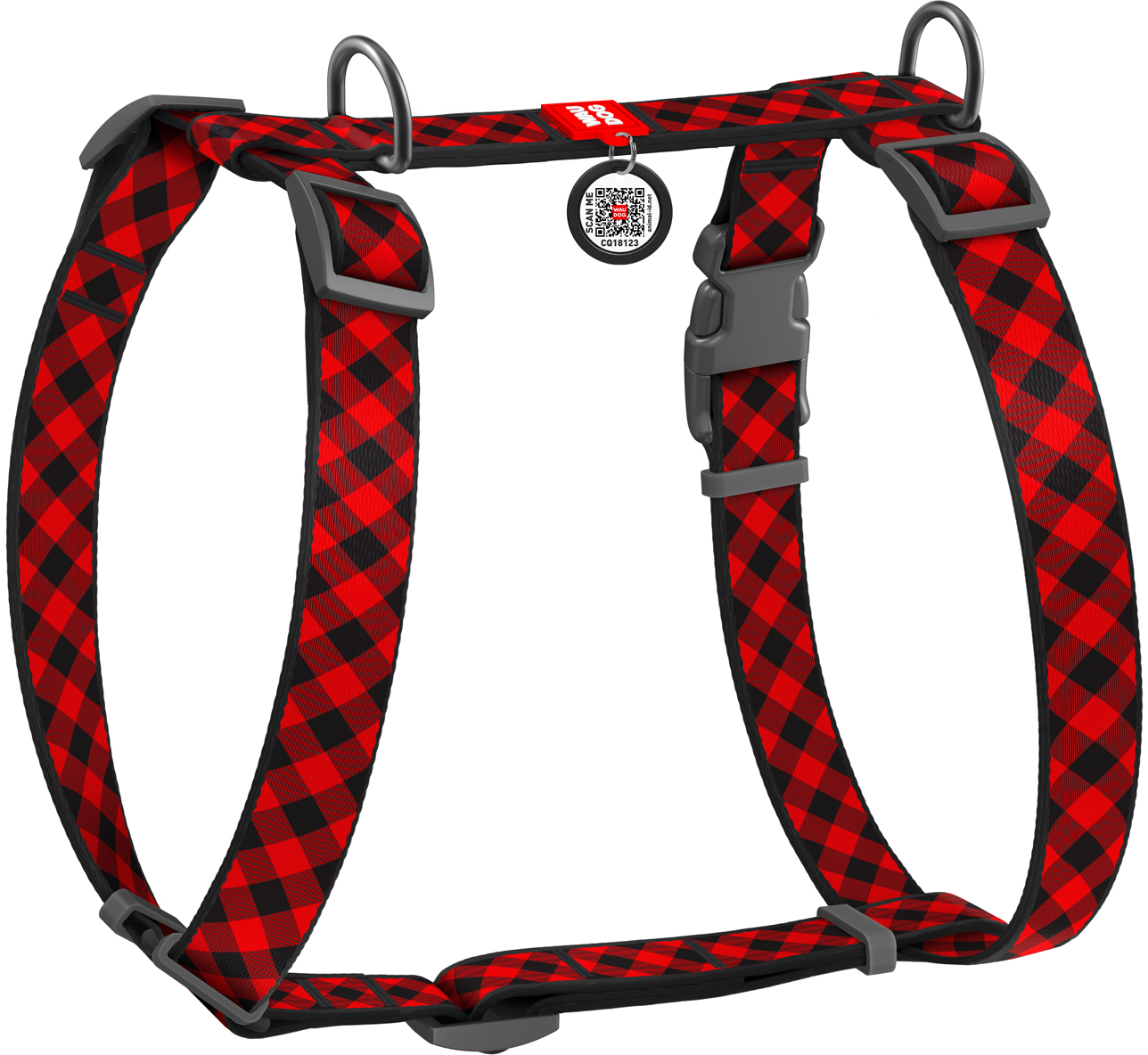 

Шлея для собак Collar анатомическая H-образная WAUDOG Nylon с QR-паспортом, пластиковый фастекс, L, Ш 25 мм, А 50-90, В 60-100 рисунок "Шотландка красная" (5512)