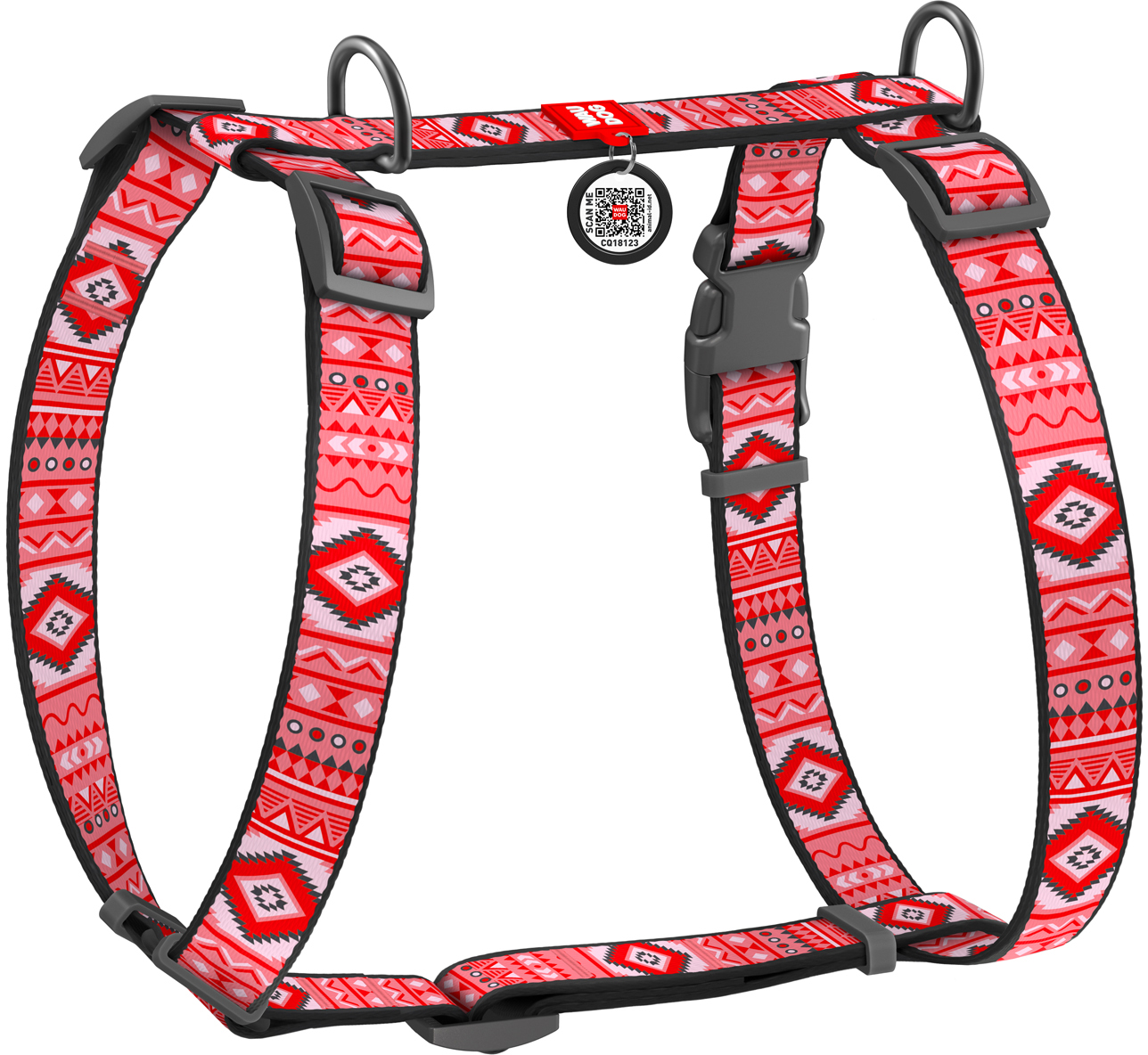 

Шлея для собак Collar анатомическая H-образная WAUDOG Nylon с QR-паспортом, пластиковый фастекс, S, Ш 15 мм, A 30-40, B 30-50 рисунок "Этно красный" (5621)
