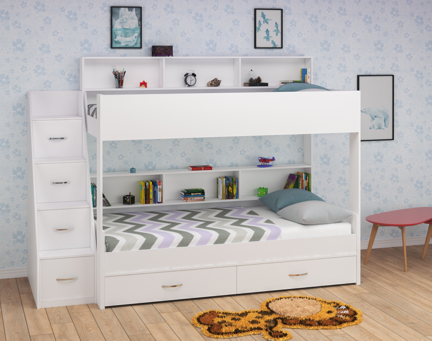 

Двухъярусная кровать KidsBunkBed K-074 белый цвет 1830х932х2360 мм