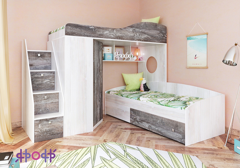 

Двухьярусная кровать KidsBunkBed K-056 дуб молочный лайм 2332х832х1716 мм