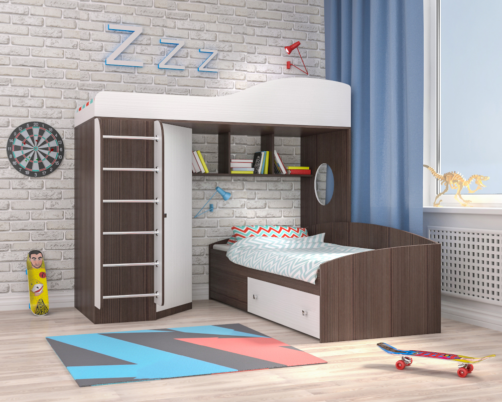 

Двухьярусная кровать KidsBunkBed K-054 венге белый 1932x832x1710 мм