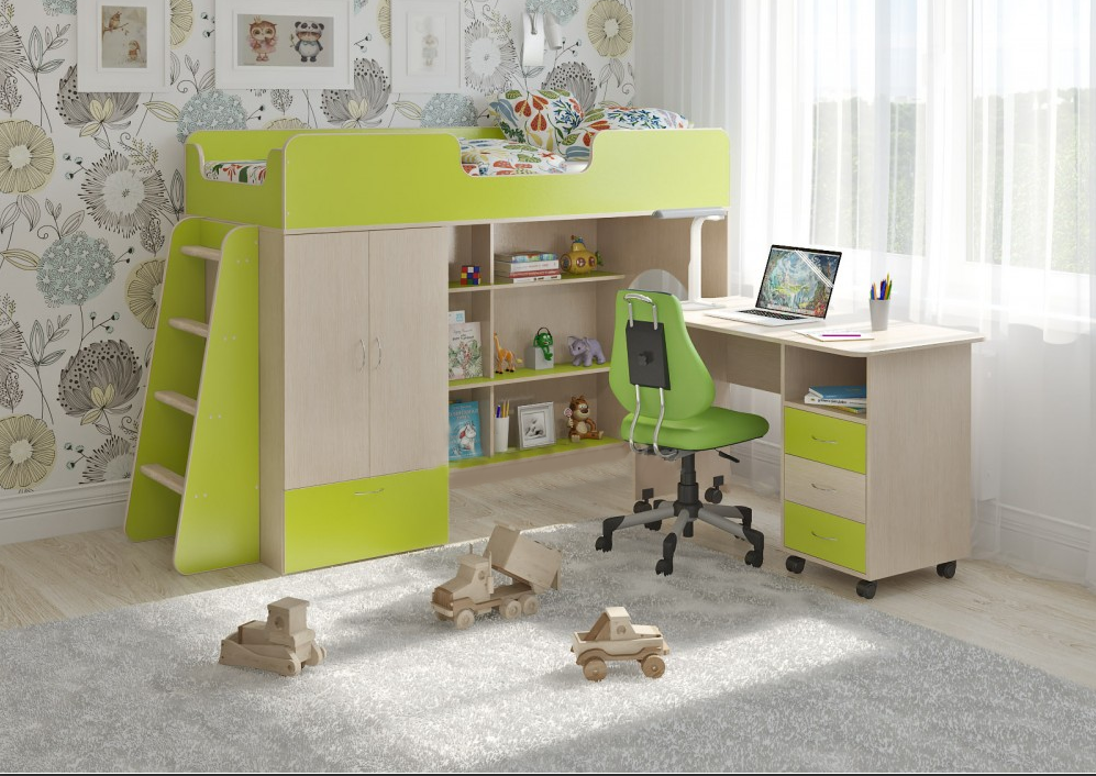 

Кровать-чердак KidsBunkBed K-040 дуб молочный лайм 2128 × 834 × 1395 мм