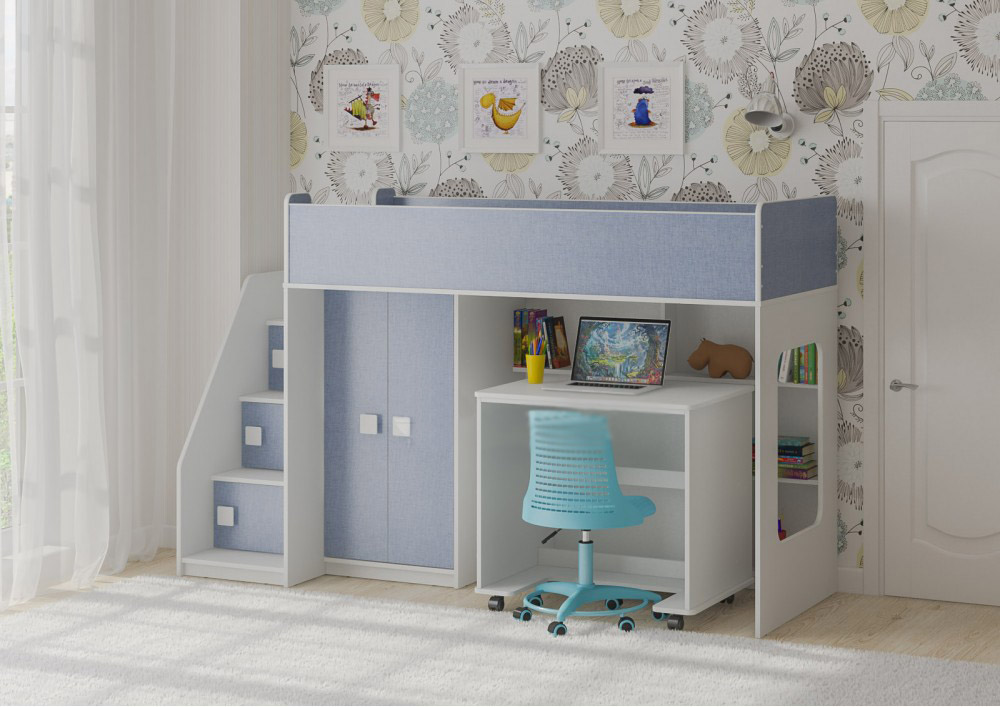 

Кровать-чердак KidsBunkBed K-043 белый терра голубая 2245 × 808 × 1405 мм